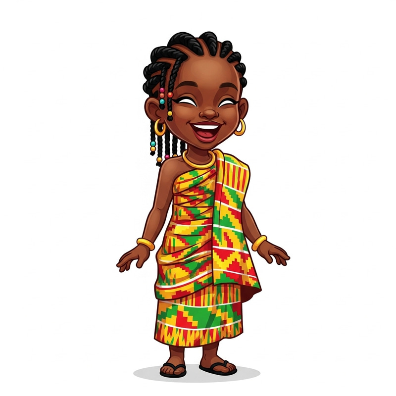Vibrant Kente Attire: Joyful Ghanaian Girl Cartoon