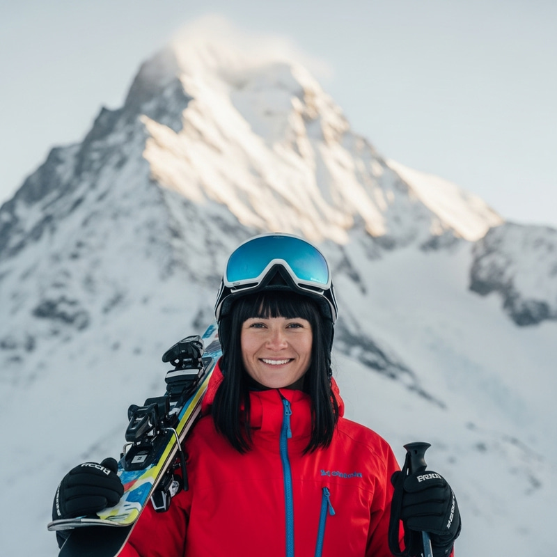 Smiling Black-Haired Woman in Snowy Mountain Skiing Scene Smiling Black-Haired Woman in Snowy Mountain Skiing Scene