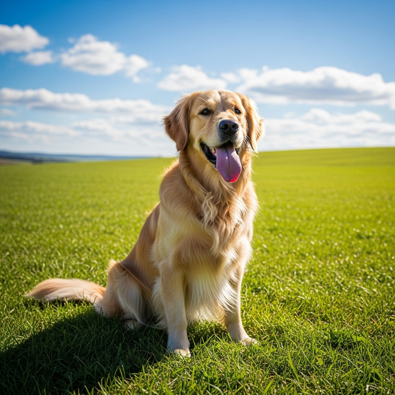 Perro Sitting Comfortably in Grassy Field