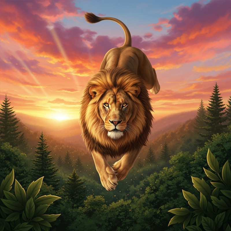 Majestic Lion Descends Gracefully Through Painted Sky | Forest Scene Majestic Lion Descends Gracefully Through Painted Sky | Forest Scene