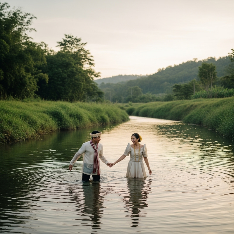 Serene Filipino River Scene with Traditional Attire Serene Filipino River Scene with Traditional Attire