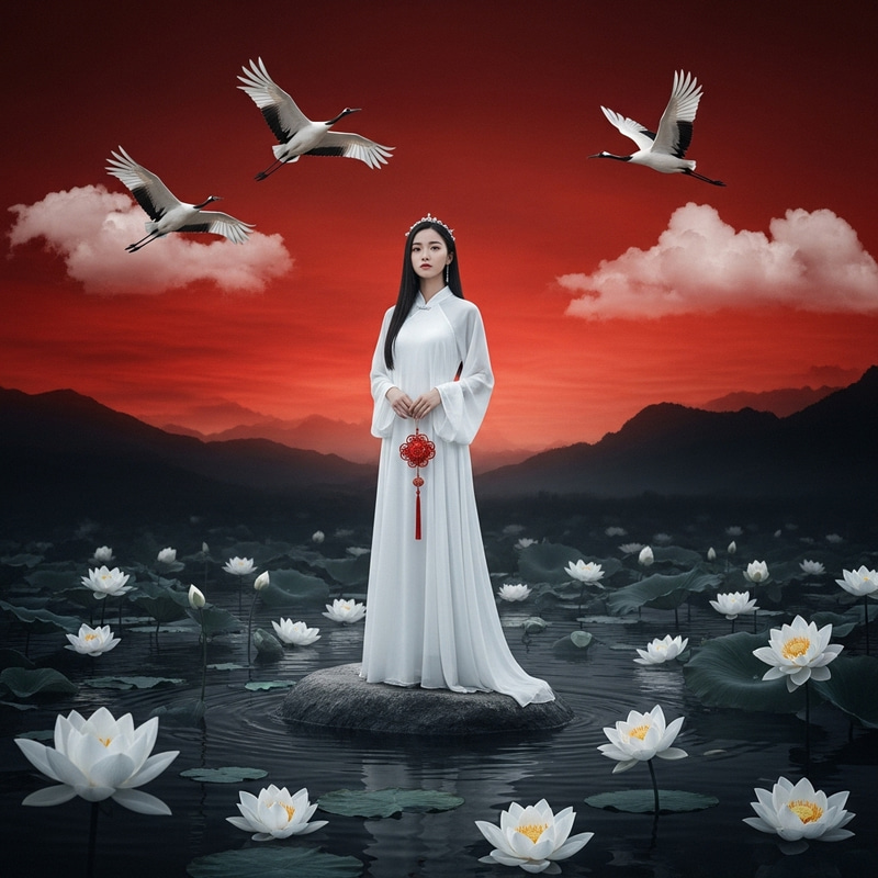 Ethereal 18-Year-Old Chinese Girl: Red-Crowned Crane & Lotus Ethereal 18-Year-Old Chinese Girl: Red-Crowned Crane & Lotus