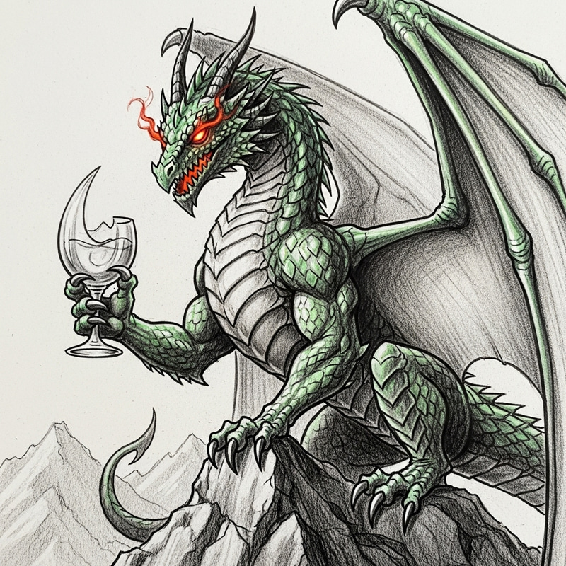 Regal Dragon Holding a Glass: A Majestic Sketch Regal Dragon Holding a Glass: A Majestic Sketch