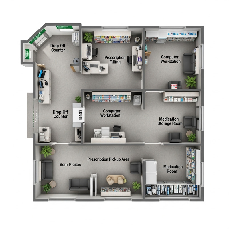 Top View of Fully Equipped Pharmacy: Specific Areas Revealed