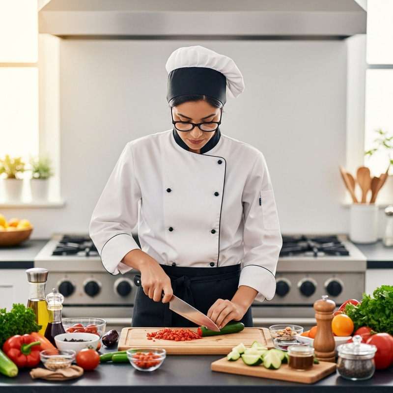 Hispanic Female Chef Cooking Fresh Vegetables in Modern Kitchen