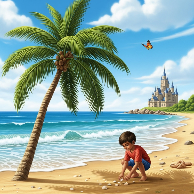 Serenity by the Sea: Palm Tree, Butterfly, Palace, Boy, Sand, Seashells Serenity by the Sea: Palm Tree, Butterfly, Palace, Boy, Sand, Seashells