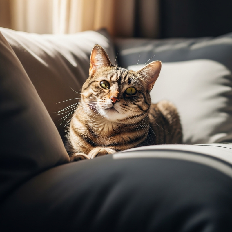 Calm Cat Basking in Sunlight on Soft Cushions Calm Cat Basking in Sunlight on Soft Cushions