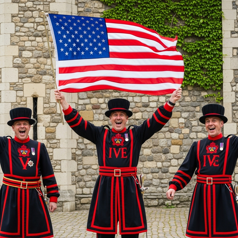 British Beefeaters Celebrate American Flag | Historic Stone Setting British Beefeaters Celebrate American Flag | Historic Stone Setting