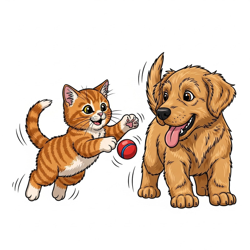 Adorable Kitten and Puppy Playful Comic Design