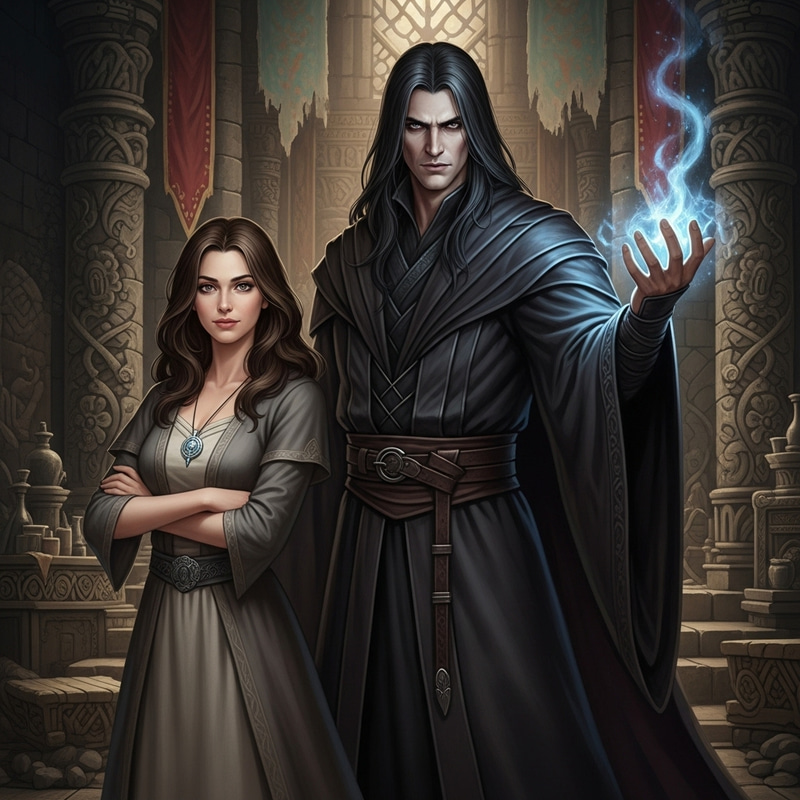 Beautiful Brown-Eyed Woman and Protective Wizard - Magical Encounter