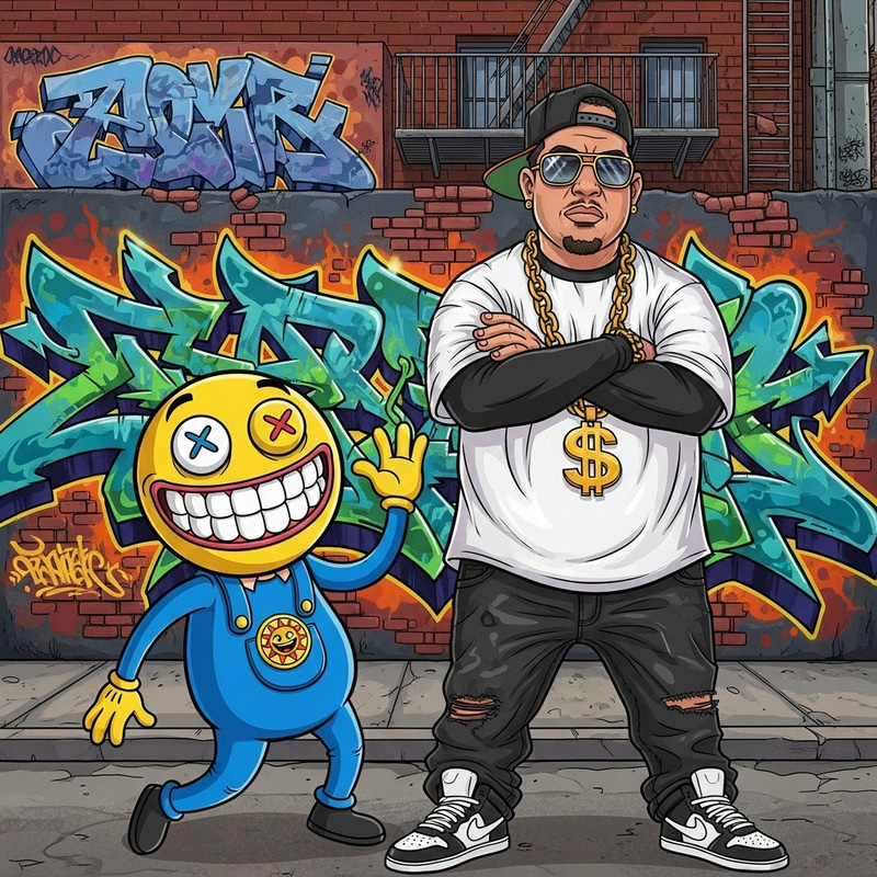 Freddie Dredd and Vault Boy in Urban Hip-Hop Setting Freddie Dredd and Vault Boy in Urban Hip-Hop Setting