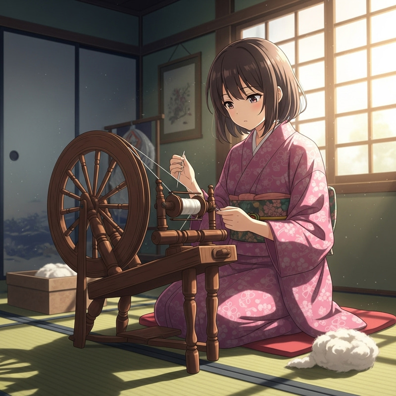 Anime Girl Spinning Wool - Antique Wheel Craft Anime Girl Spinning Wool - Antique Wheel Craft