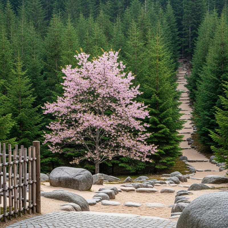 Tranquil Japanese Coniferous Forest with Sakura Tree and Path Tranquil Japanese Coniferous Forest with Sakura Tree and Path