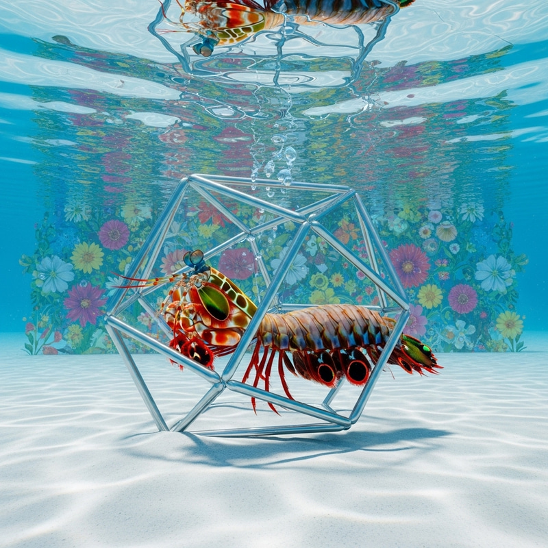Vibrant Mantis Shrimp Swimming Through Metallic Geometric Object