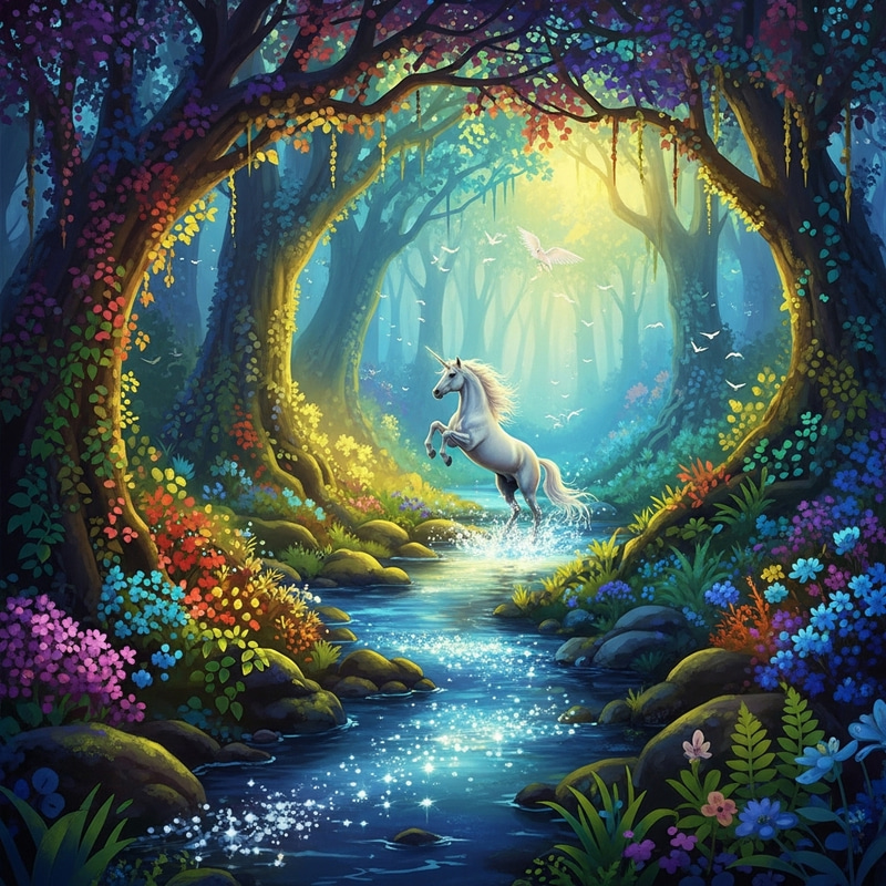 Magical Forest: Unicorn Leaping Over Stream - Enchanting Scene Magical Forest: Unicorn Leaping Over Stream - Enchanting Scene