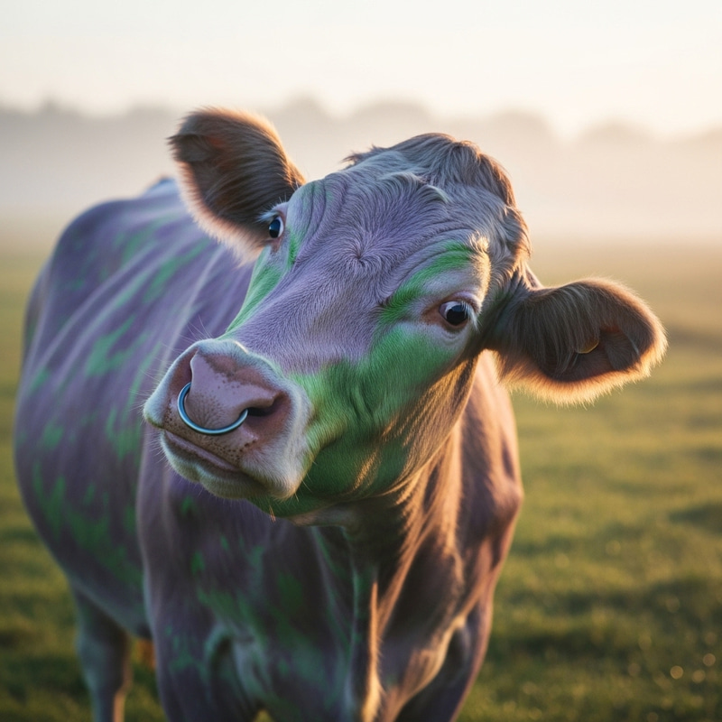 Whimsical Joker Cow with Nose Ring | Unique Purple & Green Coat Whimsical Joker Cow with Nose Ring | Unique Purple & Green Coat