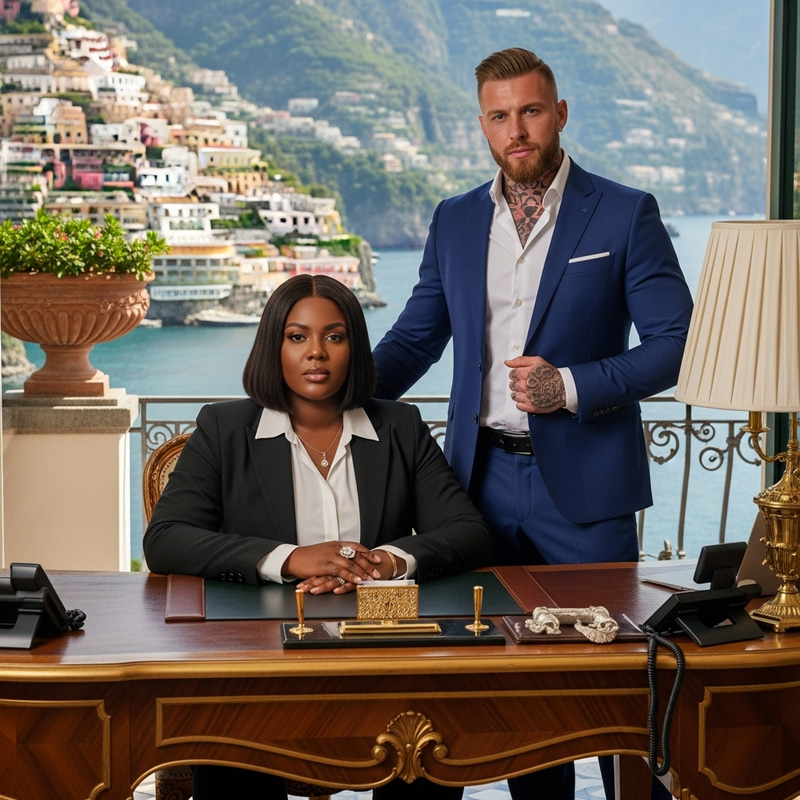 Professionalism & Elegance: Empowered Plus-Size AA Woman & Russian Husband at Luxe Italian Villa