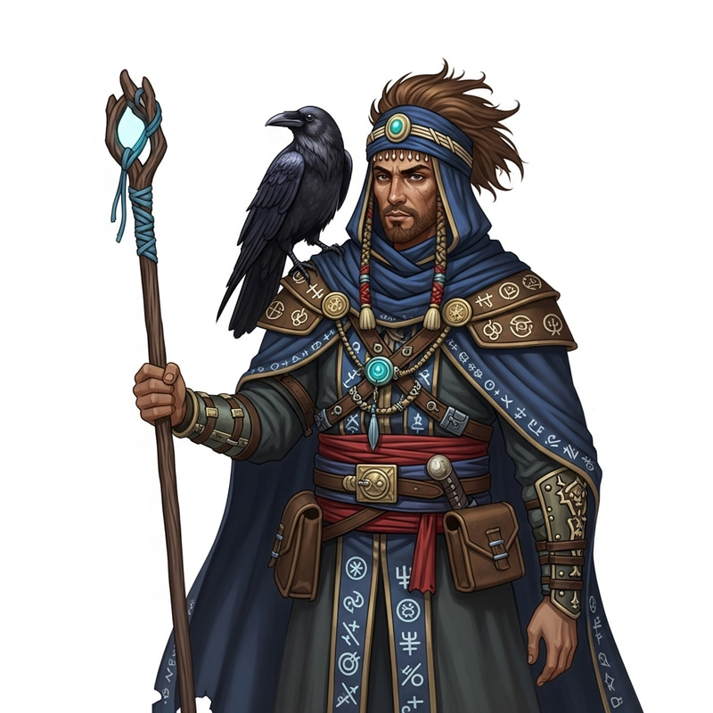 Mystical Mage with Tousled Hair, Raven, and Rustic Staff