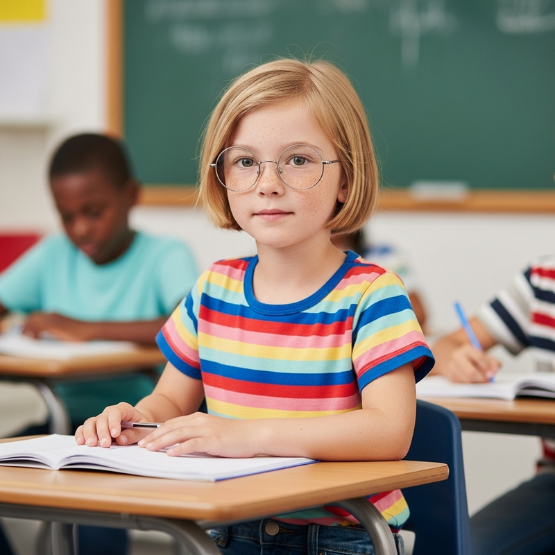 Slender Third Grade Student with Short Blonde Hair, Freckles, and Glasses