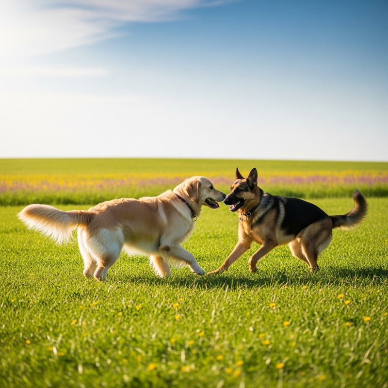 Golden Retriever and German Shepherd Playing in a Green Field