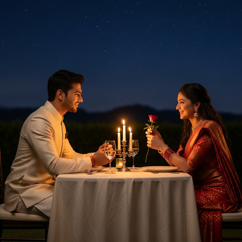 Romantic Indian Man Expressing Love to Woman at Candle-Lit Garden Dinner Romantic Indian Man Expressing Love to Woman at Candle-Lit Garden Dinner