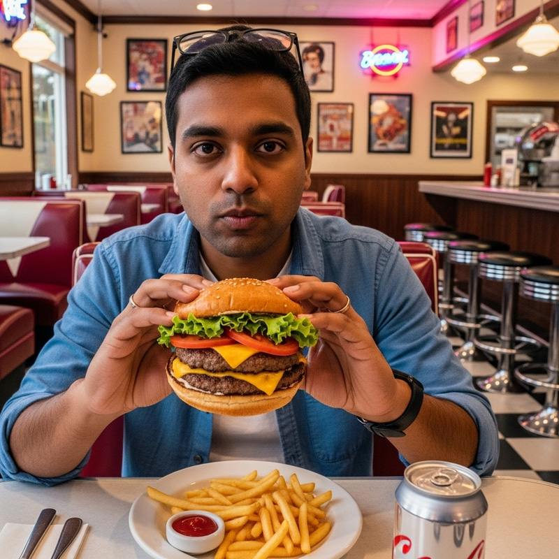 South Asian Male Enjoying Juicy Hamburger at Retro Diner South Asian Male Enjoying Juicy Hamburger at Retro Diner