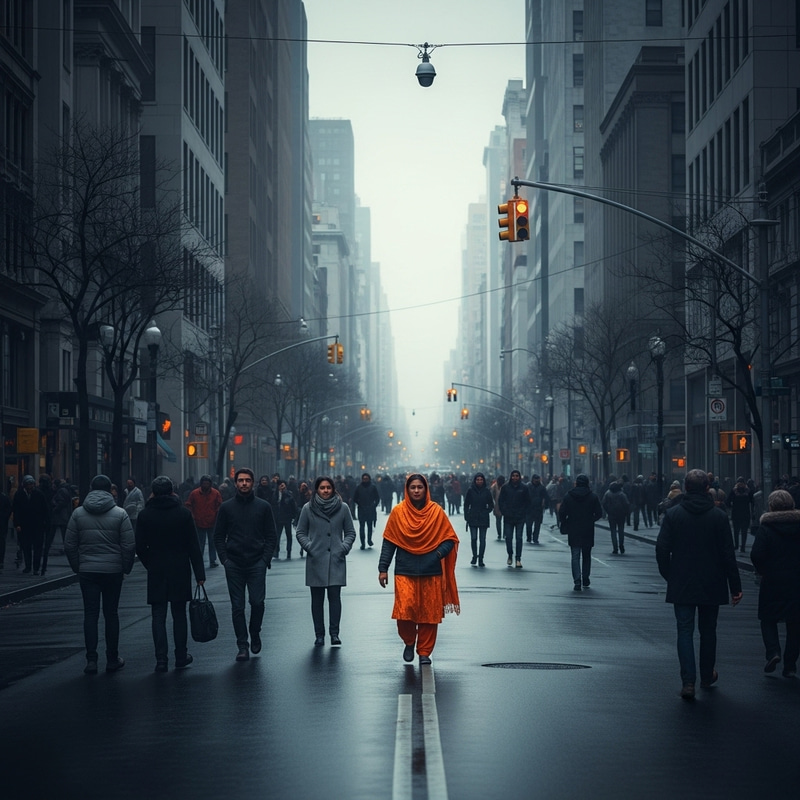Gloomy City Street with Standout Orange Stylist | Urban Scene Gloomy City Street with Standout Orange Stylist | Urban Scene