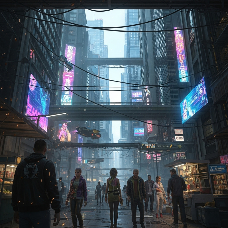 Vibrant Cyberpunk City Scene with Diverse Pedestrians and Futuristic Technology