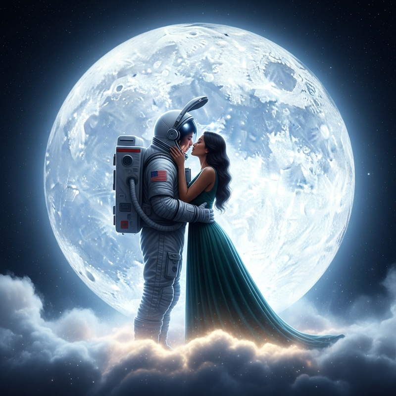 Romantic Astronaut Kiss on Moonlit Cloud