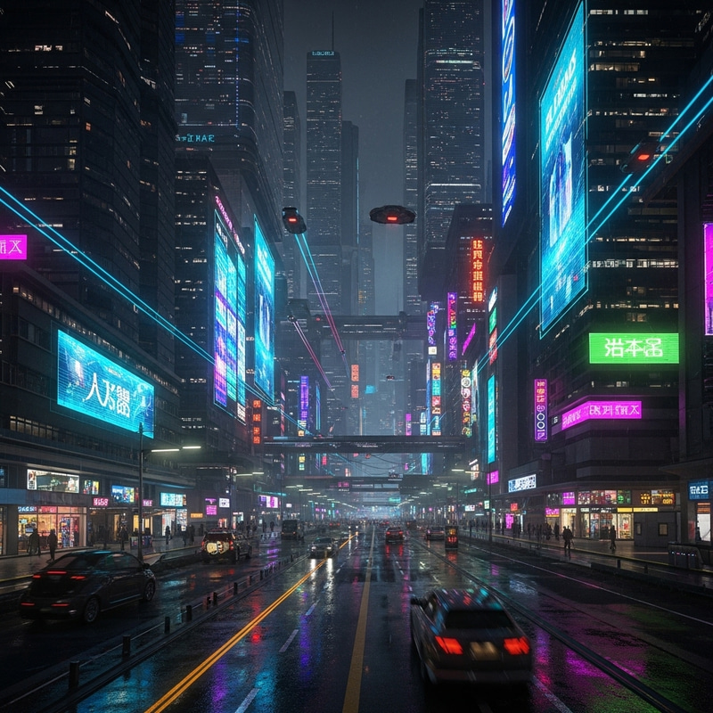 Neon Cyberpunk City Nightscape - Futuristic Digital Art Neon Cyberpunk City Nightscape - Futuristic Digital Art