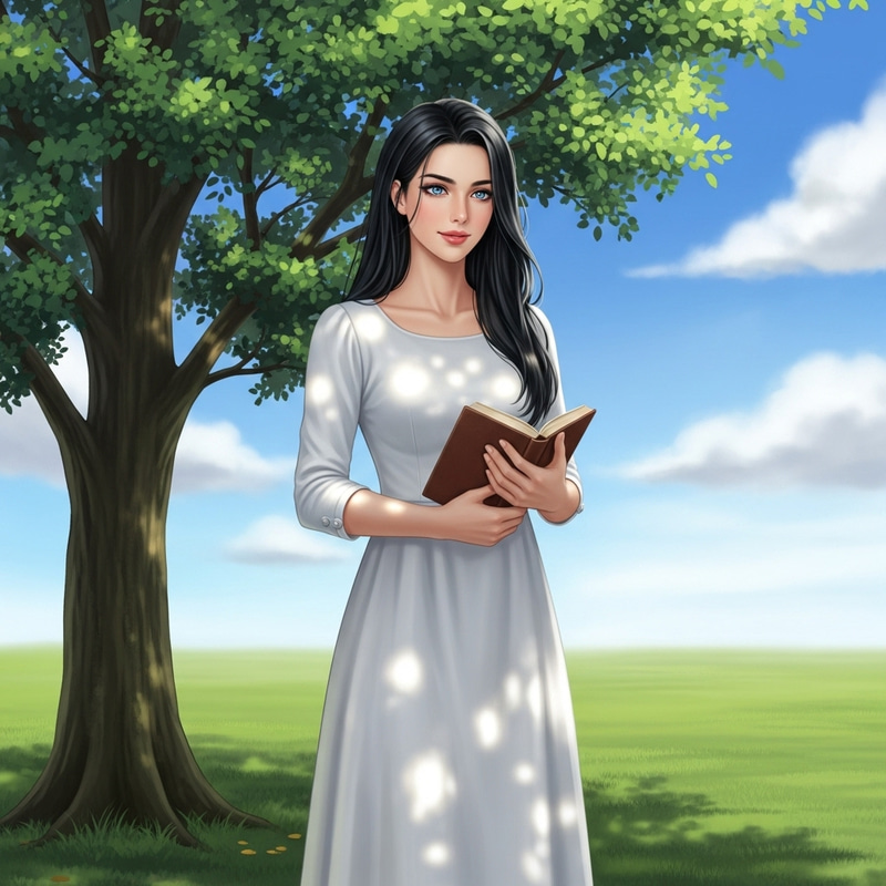 Beautiful Woman in White Dress with Dark Hair and Blue Eyes Beautiful Woman in White Dress with Dark Hair and Blue Eyes