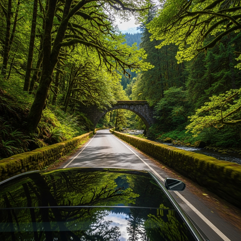 Sleek Car Cruising Through Lush Forest Bridge Sleek Car Cruising Through Lush Forest Bridge