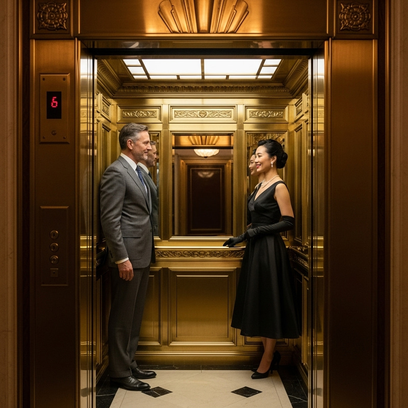 Vintage Elevator Scene with Stylish Couple | Timeless Elegance Vintage Elevator Scene with Stylish Couple | Timeless Elegance