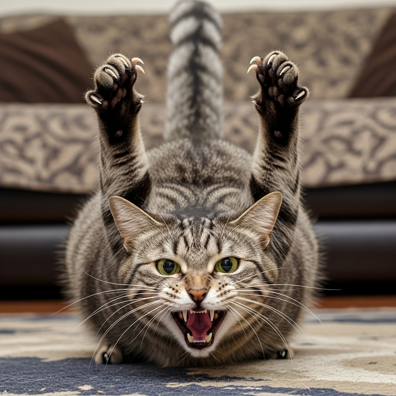 Aggressive Gray Cat Showing Defensive Stance Aggressive Gray Cat Showing Defensive Stance