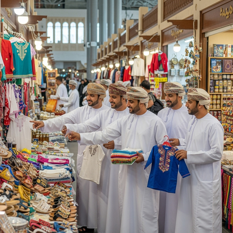 Omani Men Shopping for Clothing & Sandals in Vibrant Market Omani Men Shopping for Clothing & Sandals in Vibrant Market