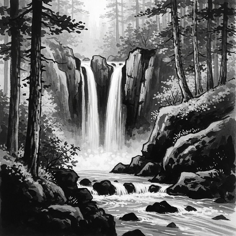 Zen Style Japanese Waterfall Scene Illustration