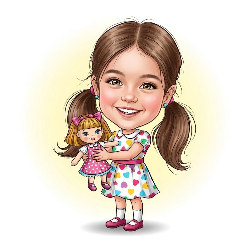 Girl Holding Doll: Caricature-Style Illustration