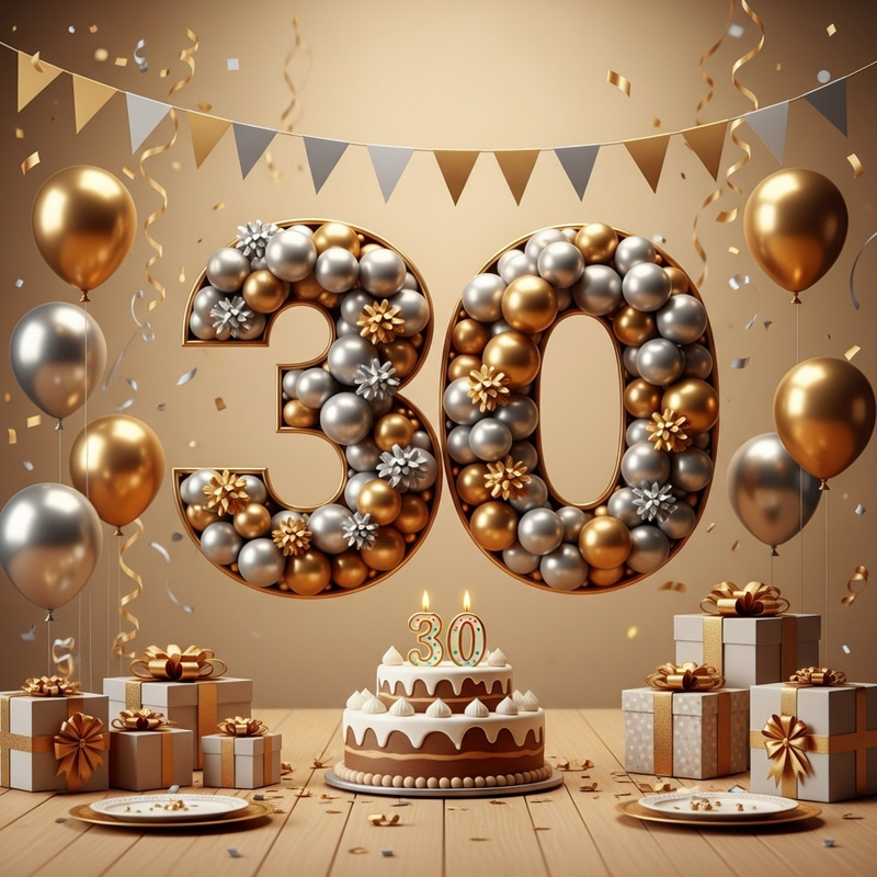Happy 30th Anniversary Celebration with Balloons, Cake & Gifts