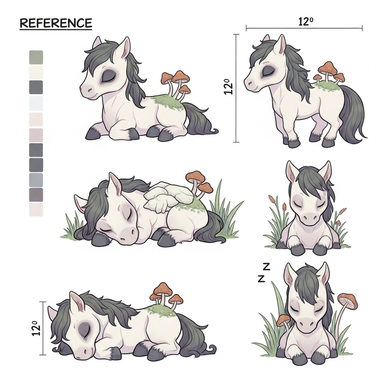 Adorable Chibi-Style Undead Horse Reference Sheet with Pastel Palette Adorable Chibi-Style Undead Horse Reference Sheet with Pastel Palette
