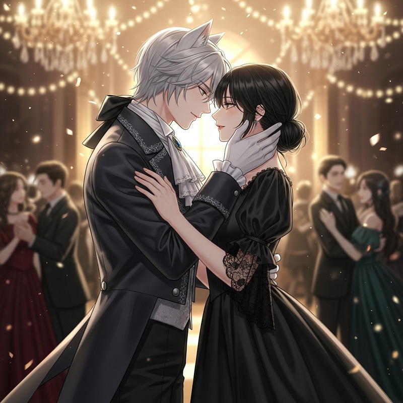 Tender Romance: Silver-Haired Man & Elegant Black-Haired Woman