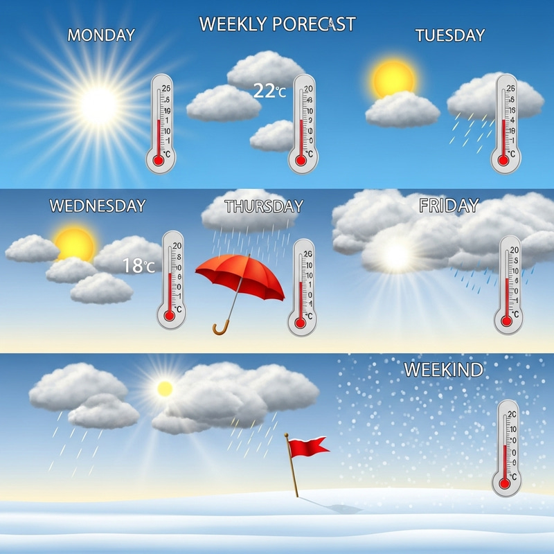 Sunny Start, Passing Shower Midweek, Cloudy Thursday-Friday, Snowy Weekend - 22°C to 15°C