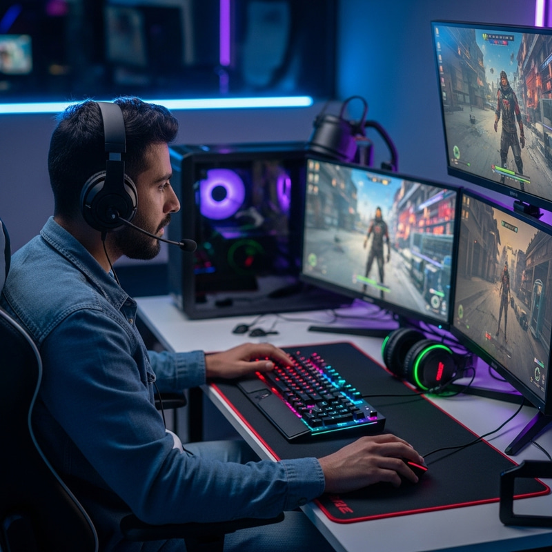 Middle-Eastern Gamer in High-Tech Setup Middle-Eastern Gamer in High-Tech Setup