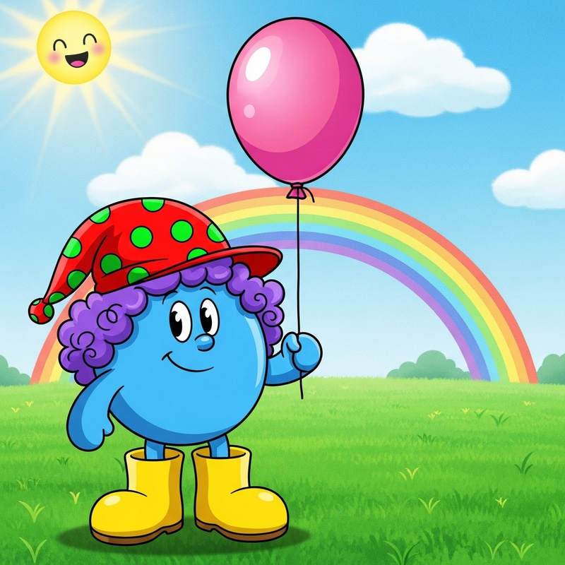 Colorful Cartoon Scene in a Green Field with a Joyful Character and Rainbow Colorful Cartoon Scene in a Green Field with a Joyful Character and Rainbow