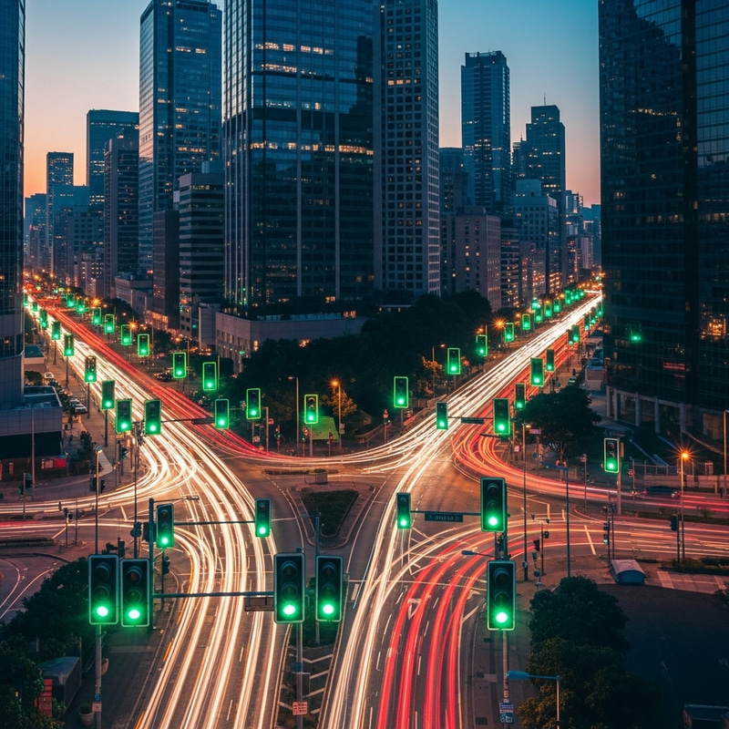 All Green Traffic Lights in Urban Scene All Green Traffic Lights in Urban Scene