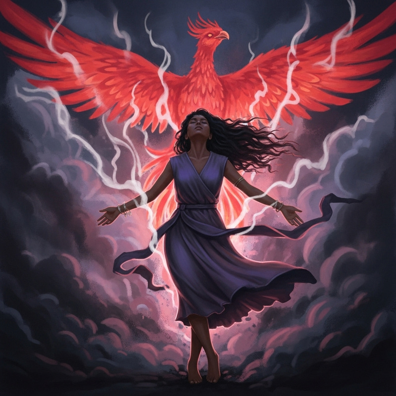 Dynamic Woman Transformation in Vibrant Colors | Phoenix-Inspired