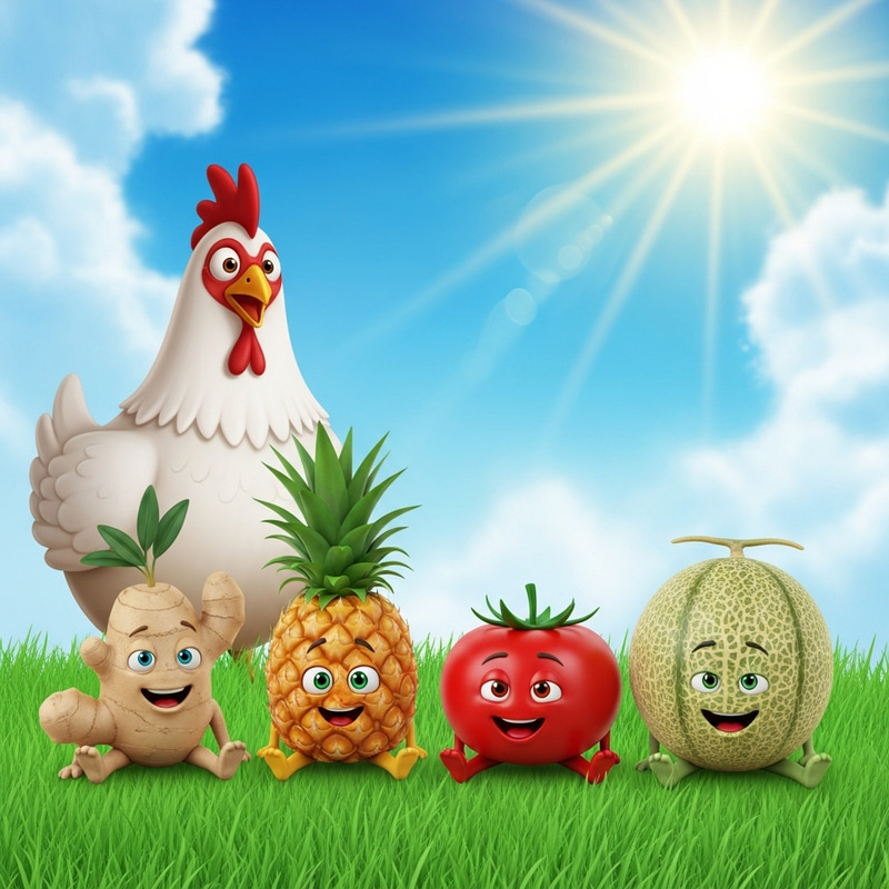 Whimsical Cartoon Fruits and Veggies on Green Grass Whimsical Cartoon Fruits and Veggies on Green Grass