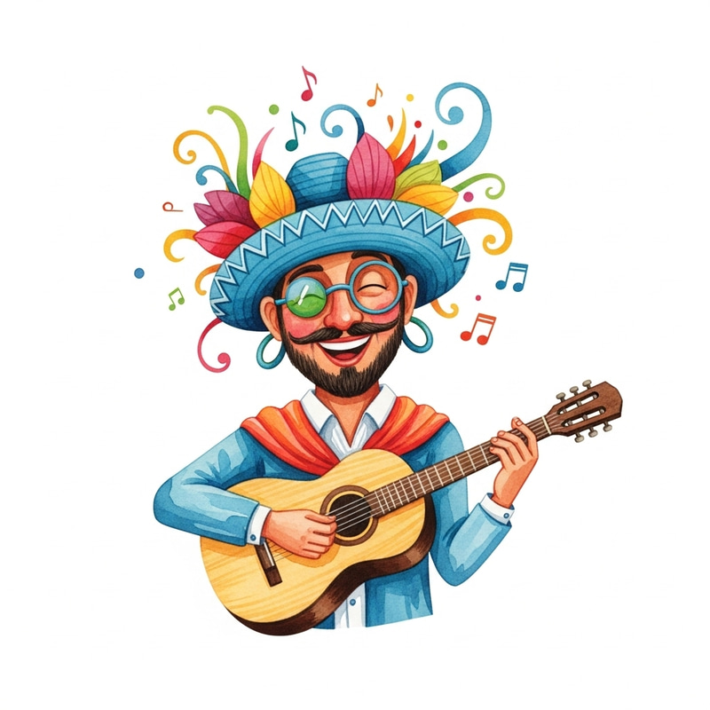 Vibrant Latin American Music-Inspired Illustration with Playful Expressions