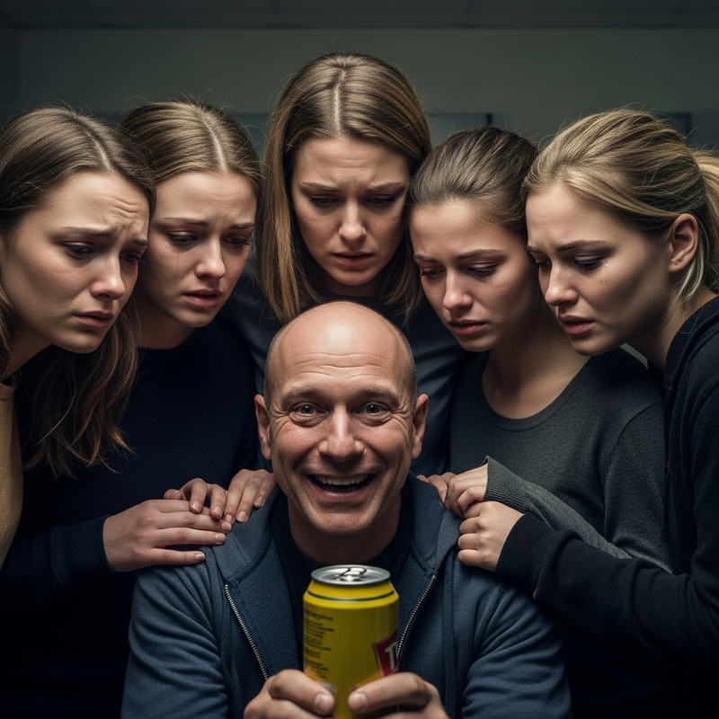 Diverse Group with Bald Man and Can in Circle, Smiling Diverse Group with Bald Man and Can in Circle, Smiling