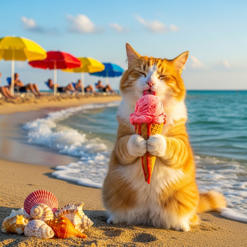 Cat Eating Ice Cream at the Beach Cat Eating Ice Cream at the Beach
