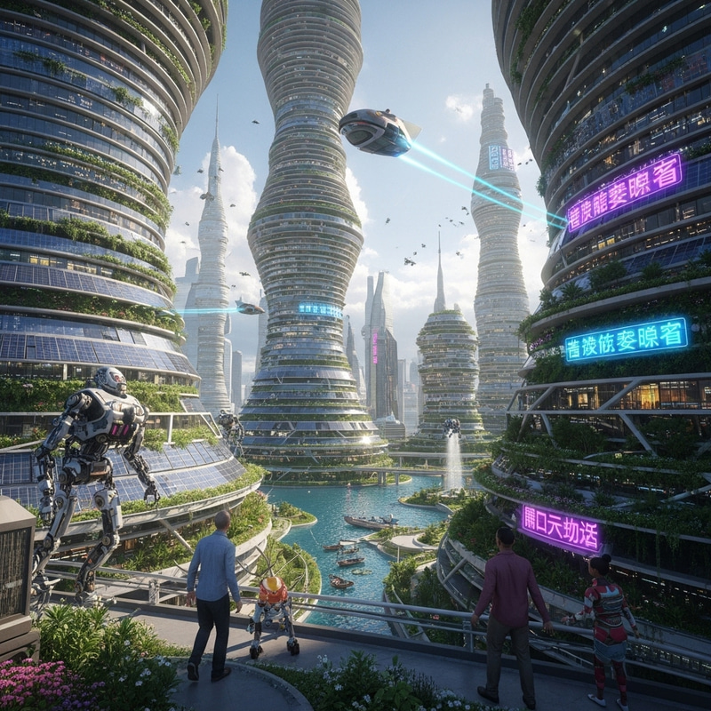 Fantasy & Futuristic World: Spiraling Skyscrapers & Diverse Community